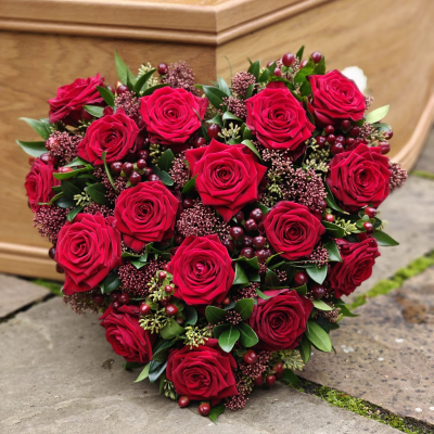 Red rose heart - A classic red rose heart tribute.

Please note that the sizing is as follows – standard is approximately 14", medium is 17", large option is 19". Other rose colours available, please contact the shop directly for more information.

For more information regarding funeral flowers Bolton or funeral flowers Horwich, please call the shop team on 01204 697924 or email us at info@flowersmiths.org.uk. Please note that we need at least 3 days notice prior to the funeral date when ordering this item. For any last-minute orders, please contact us directly before placing the order online.